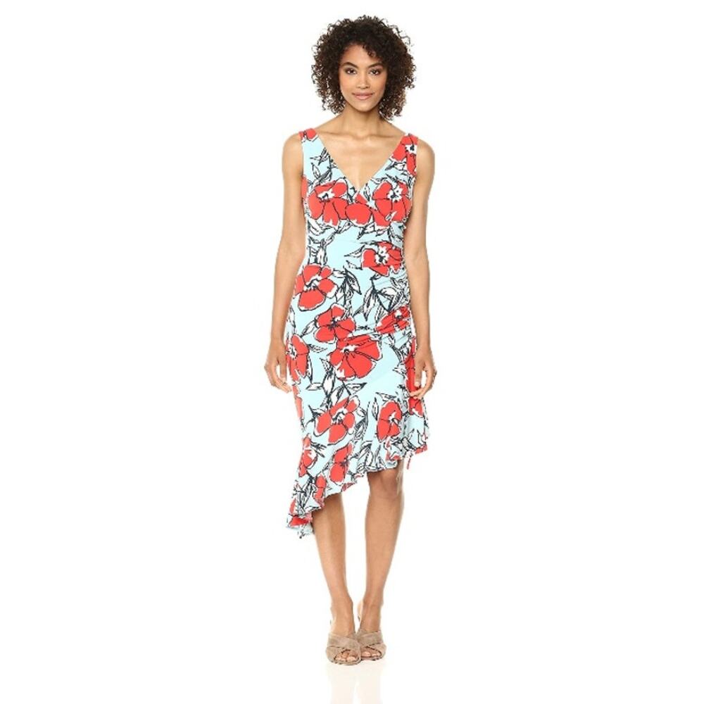 Maggy London Floral Asymmetrical Midi Dress Blue Red Poppy Print Women’s 2